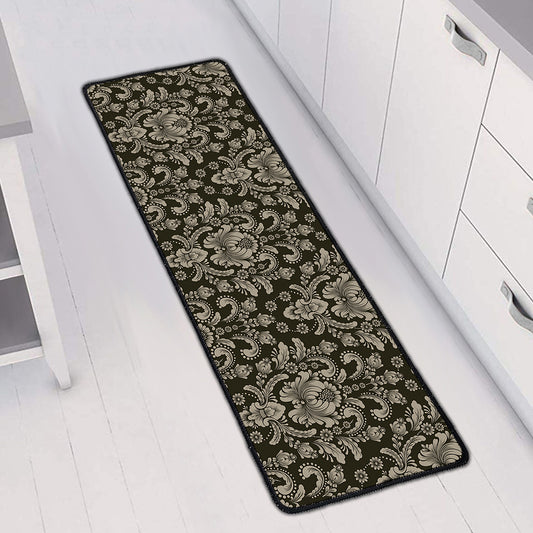 Brown Damask Pattern Print Long Kitchen Mat