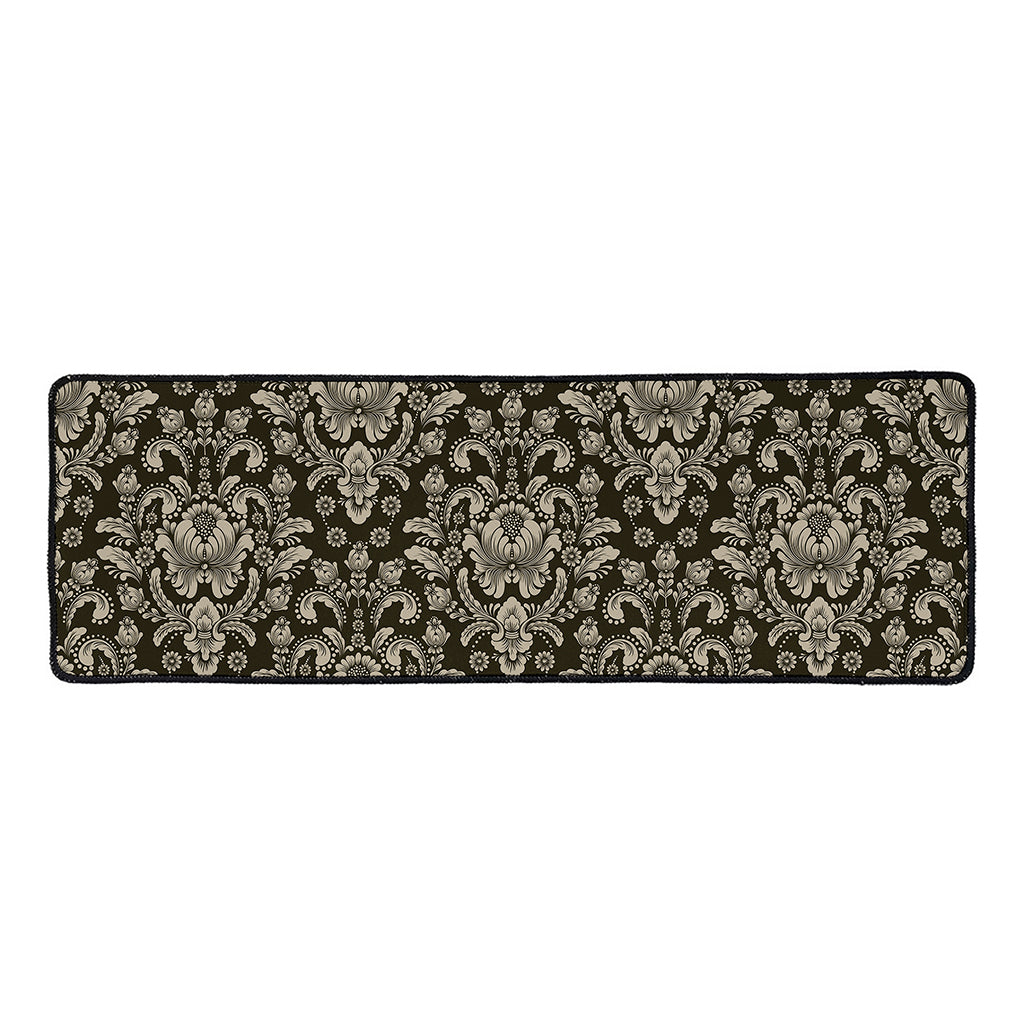 Brown Damask Pattern Print Long Kitchen Mat