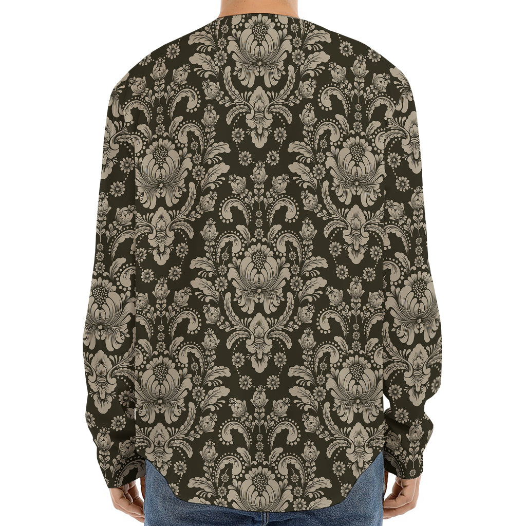 Brown Damask Pattern Print Long Sleeve Baseball Jersey