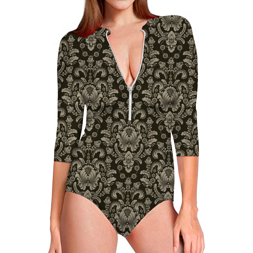 Brown Damask Pattern Print Long Sleeve Swimsuit