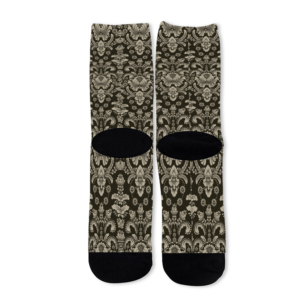 Brown Damask Pattern Print Long Socks