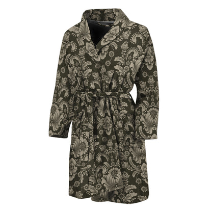 Brown Damask Pattern Print Men's Bathrobe