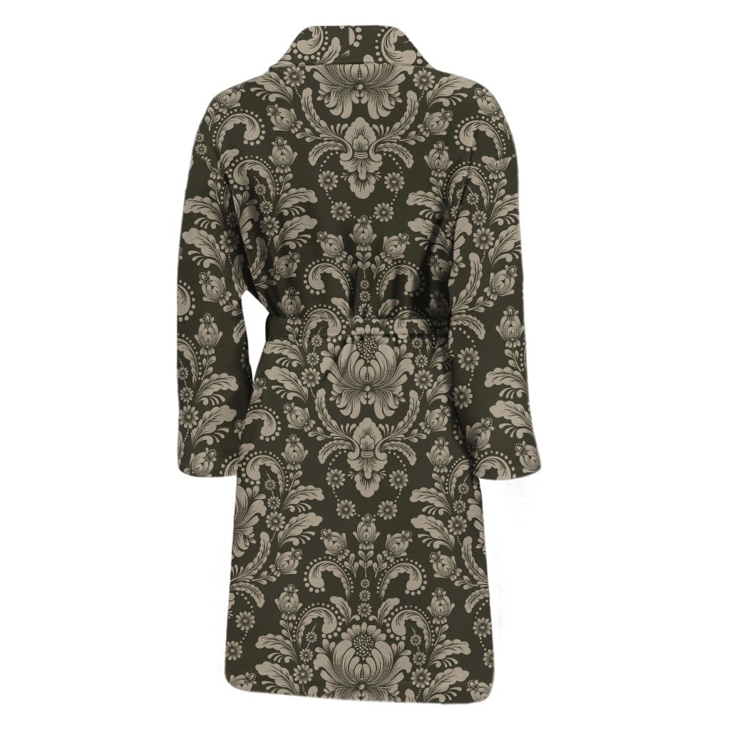 Brown Damask Pattern Print Men's Bathrobe