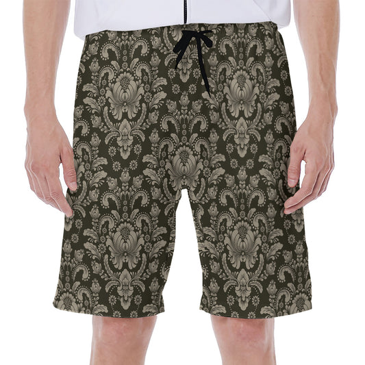 Brown Damask Pattern Print Men's Beach Shorts