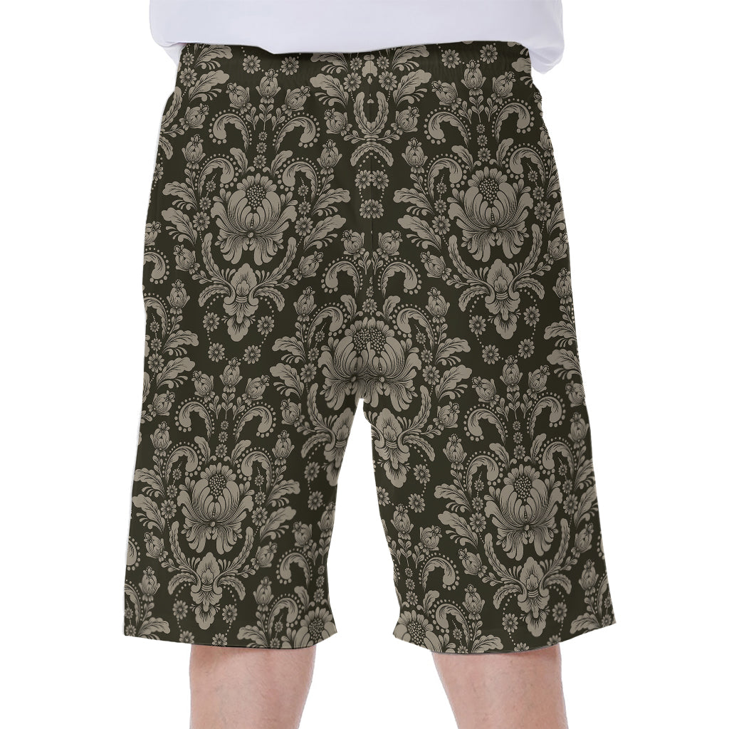 Brown Damask Pattern Print Men's Beach Shorts