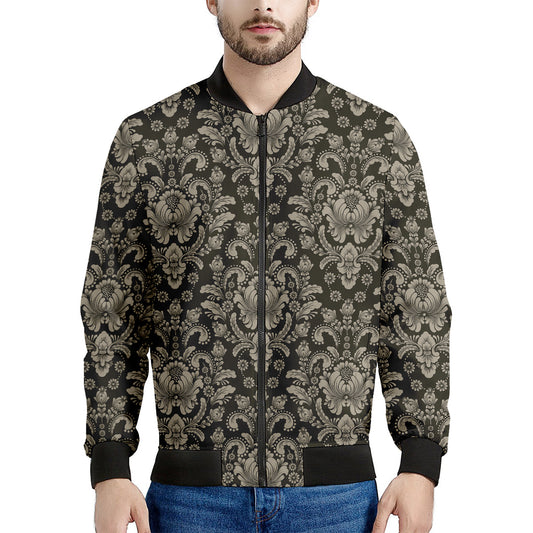 Brown Damask Pattern Print Men's Bomber Jacket
