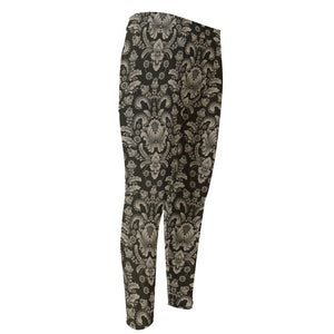 Brown Damask Pattern Print Men's Compression Pants