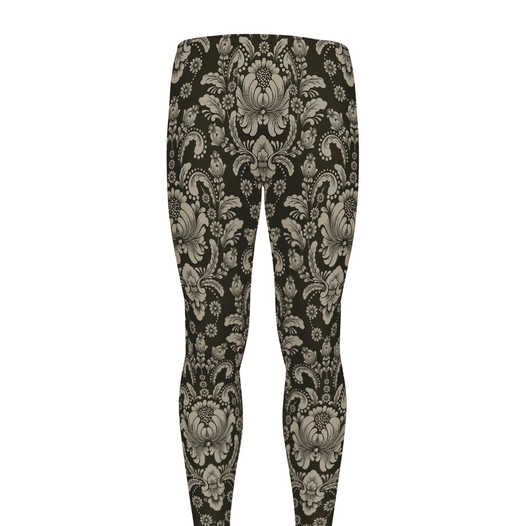 Brown Damask Pattern Print Men's leggings