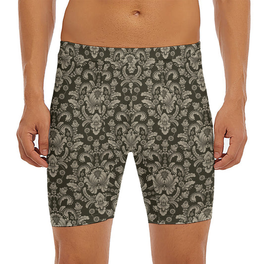 Brown Damask Pattern Print Men's Long Boxer Briefs