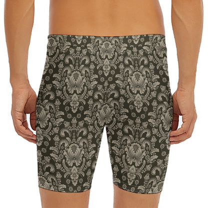 Brown Damask Pattern Print Men's Long Boxer Briefs