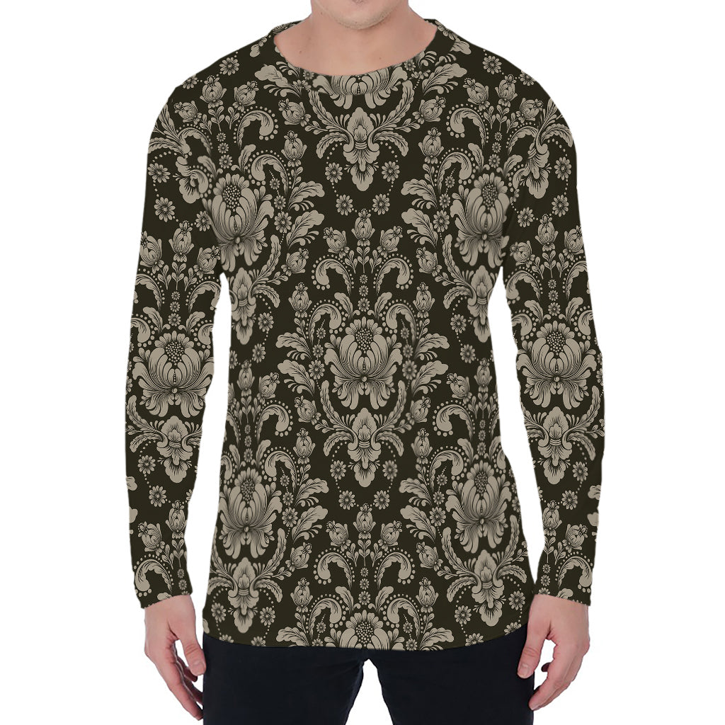 Brown Damask Pattern Print Men's Long Sleeve T-Shirt