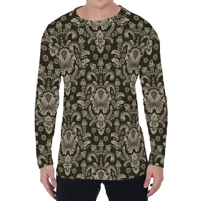 Brown Damask Pattern Print Men's Long Sleeve T-Shirt