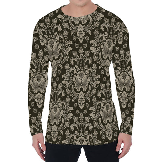Brown Damask Pattern Print Men's Long Sleeve T-Shirt