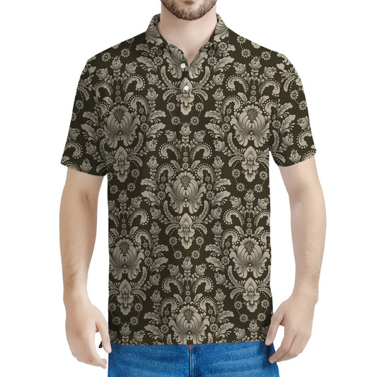 Brown Damask Pattern Print Men's Polo Shirt