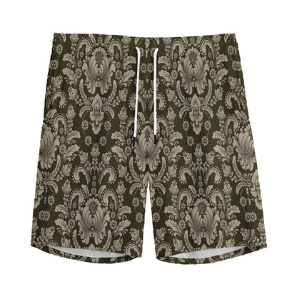 Brown Damask Pattern Print Men's Sports Shorts