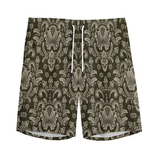 Brown Damask Pattern Print Men's Sports Shorts