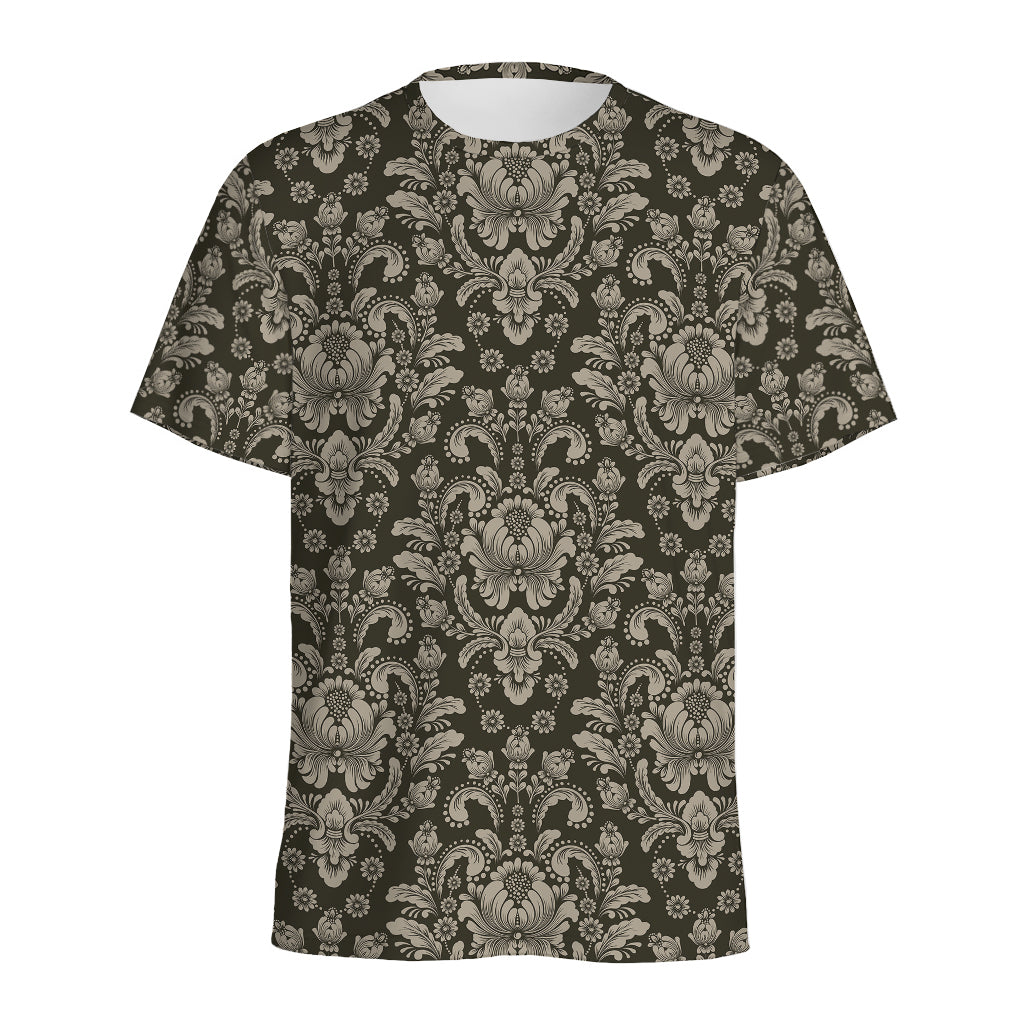 Brown Damask Pattern Print Men's Sports T-Shirt