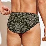 Brown Damask Pattern Print Men's Swim Briefs