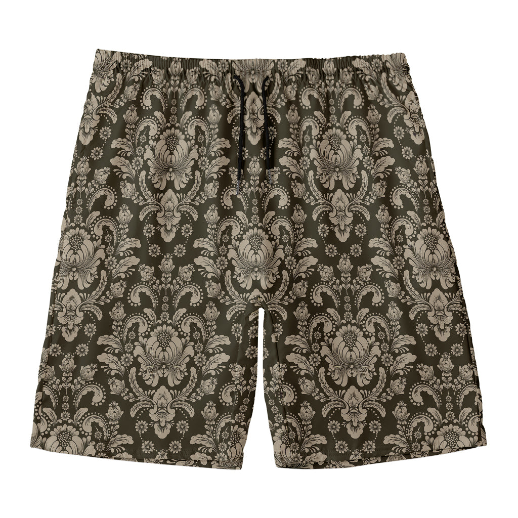 Brown Damask Pattern Print Men's Swim Trunks