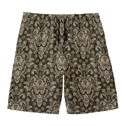 Brown Damask Pattern Print Men's Swim Trunks