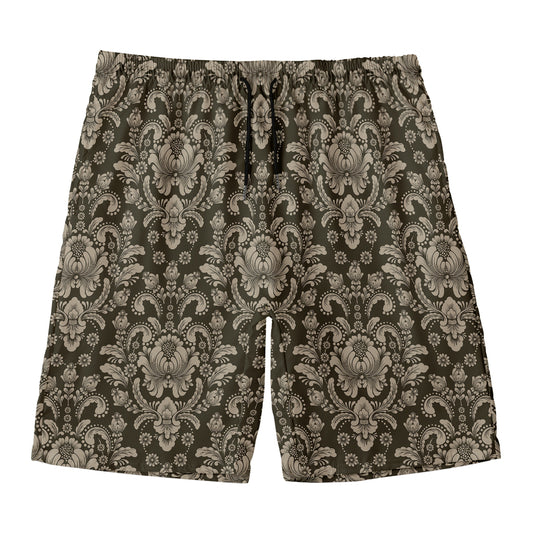 Brown Damask Pattern Print Men's Swim Trunks