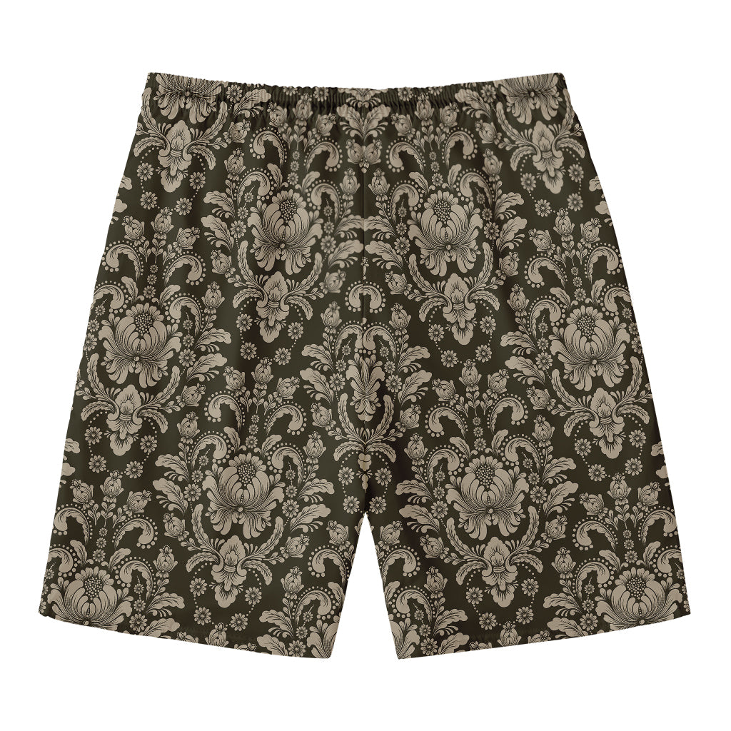 Brown Damask Pattern Print Men's Swim Trunks