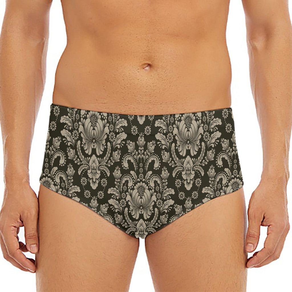 Brown Damask Pattern Print Men's Triangle Swim Briefs