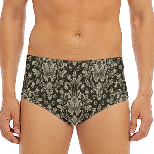 Brown Damask Pattern Print Men's Triangle Swim Briefs