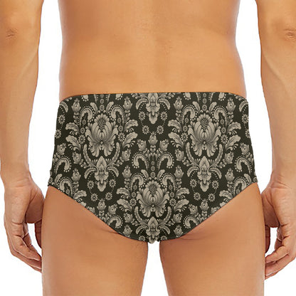 Brown Damask Pattern Print Men's Triangle Swim Briefs