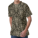 Brown Damask Pattern Print Men's Velvet T-Shirt
