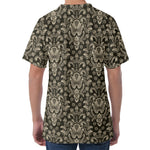 Brown Damask Pattern Print Men's Velvet T-Shirt