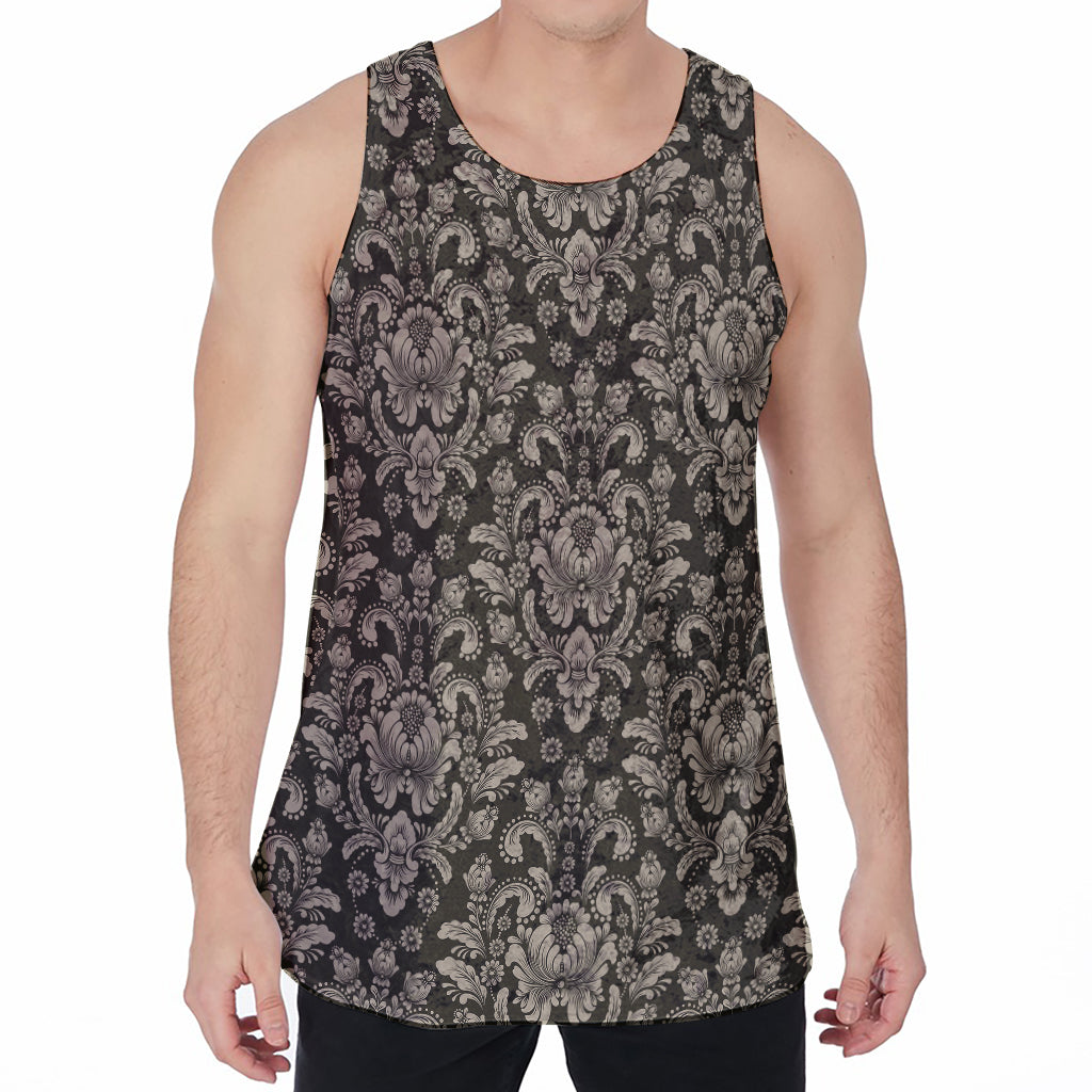 Brown Damask Pattern Print Men's Velvet Tank Top