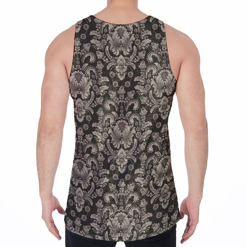 Brown Damask Pattern Print Men's Velvet Tank Top