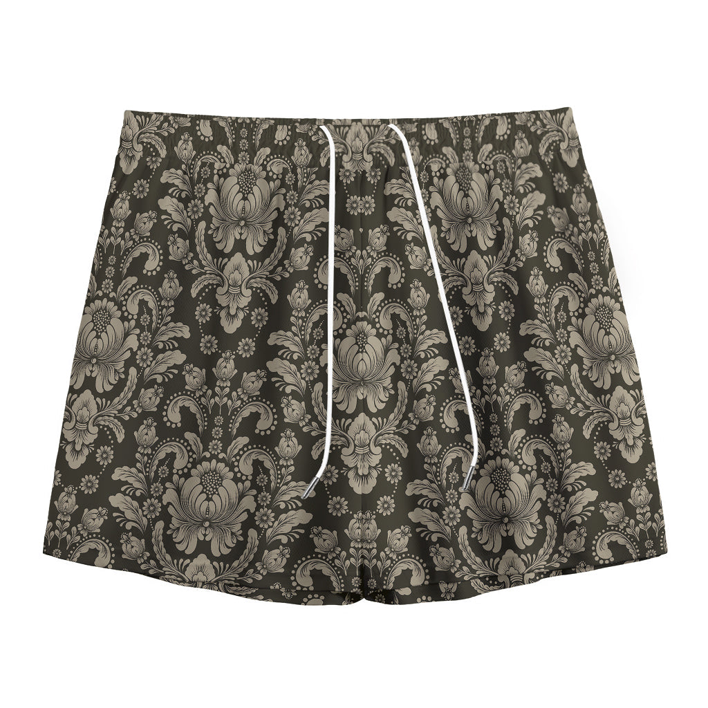 Brown Damask Pattern Print Mesh Shorts