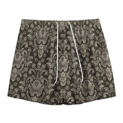 Brown Damask Pattern Print Mesh Shorts