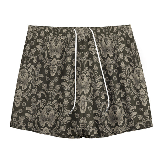 Brown Damask Pattern Print Mesh Shorts