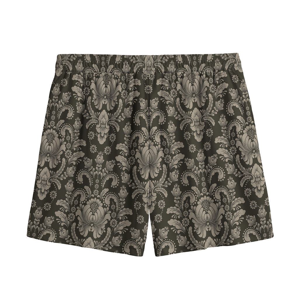 Brown Damask Pattern Print Mesh Shorts