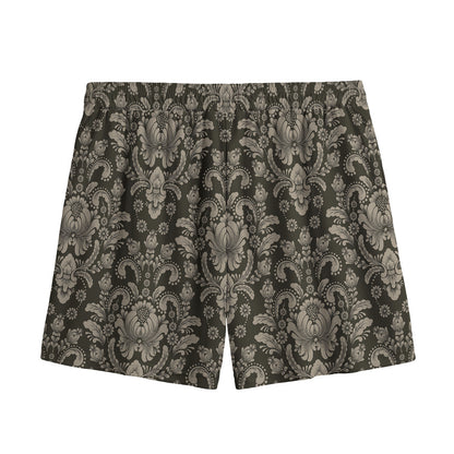 Brown Damask Pattern Print Mesh Shorts