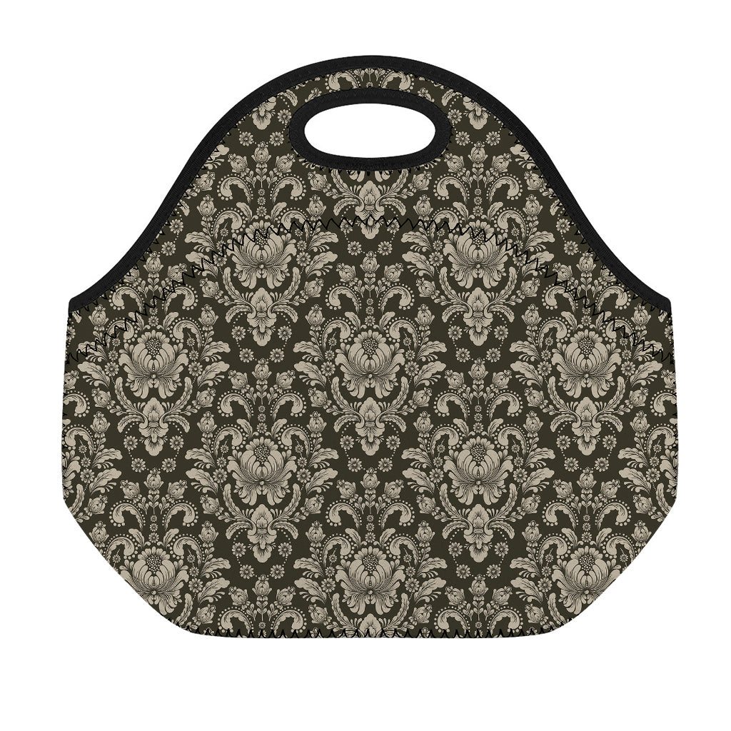 Brown Damask Pattern Print Neoprene Lunch Bag