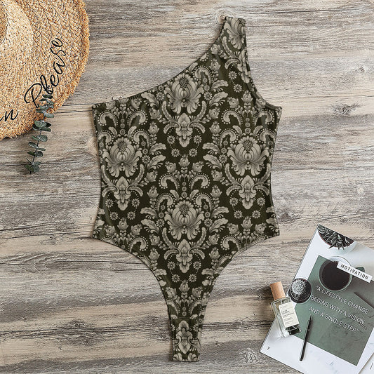 Brown Damask Pattern Print One Shoulder Bodysuit