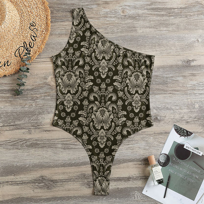 Brown Damask Pattern Print One Shoulder Bodysuit