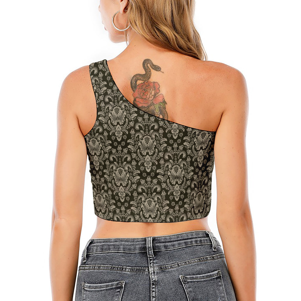 Brown Damask Pattern Print One Shoulder Crop Top