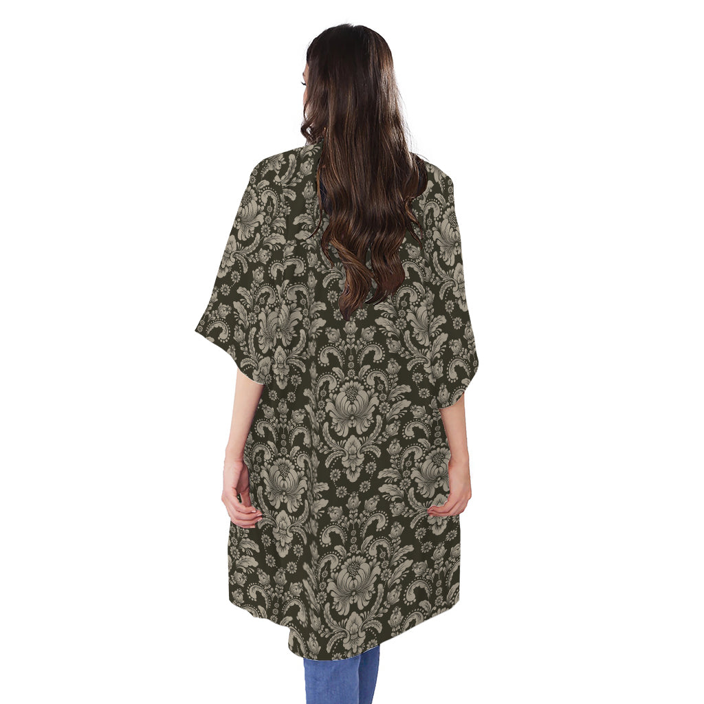 Brown Damask Pattern Print Open Front Beach Cover Up