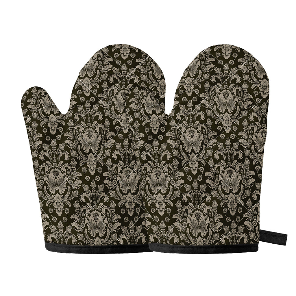 Brown Damask Pattern Print Oven Mitts