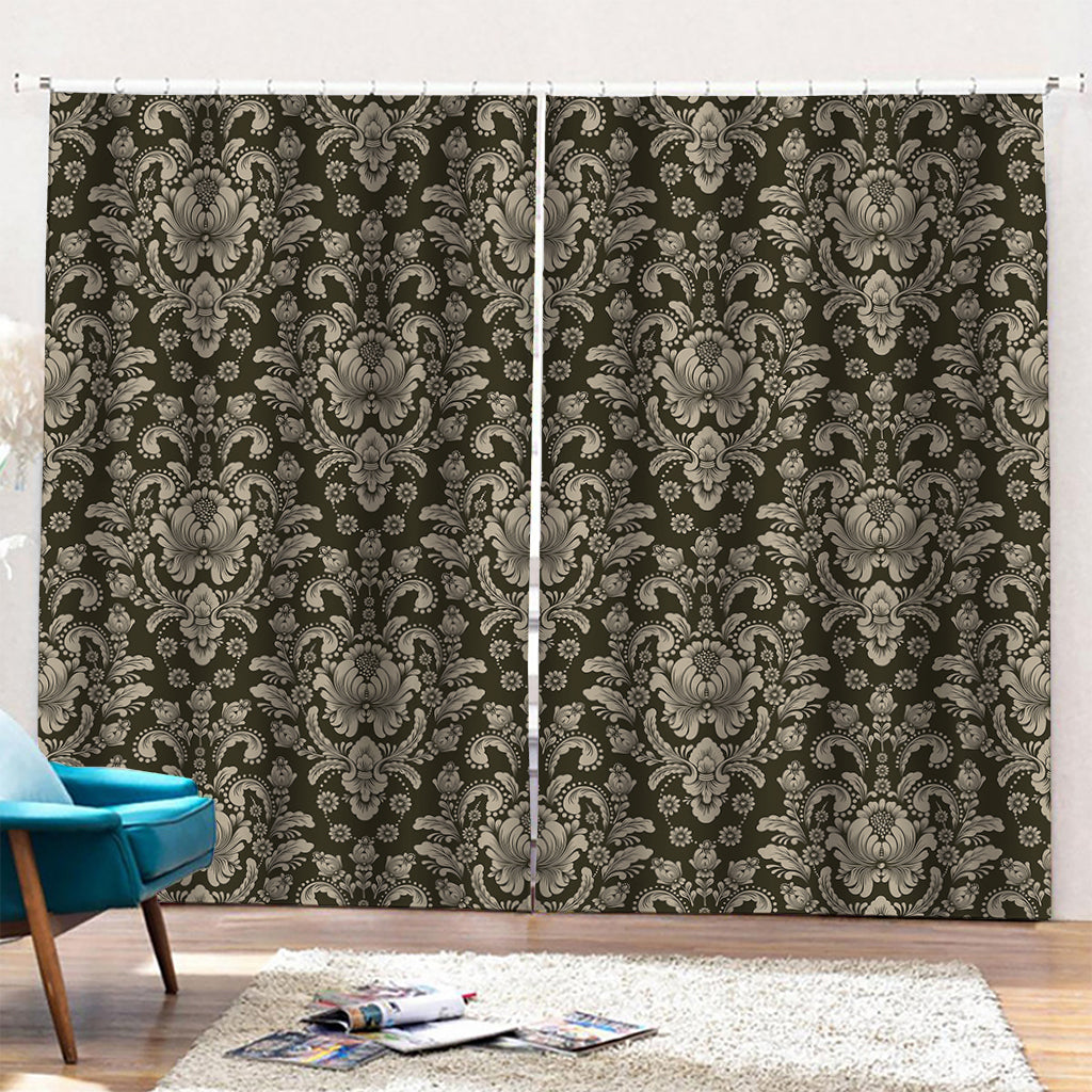 Brown Damask Pattern Print Pencil Pleat Curtains