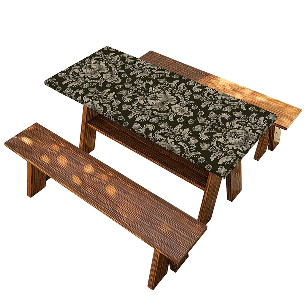 Brown Damask Pattern Print Picnic Table Cover