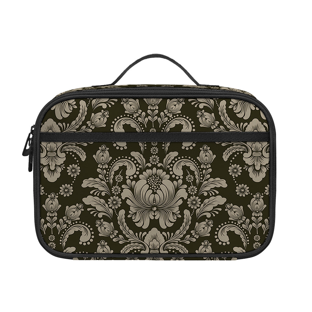 Brown Damask Pattern Print Portable Lunch Bag