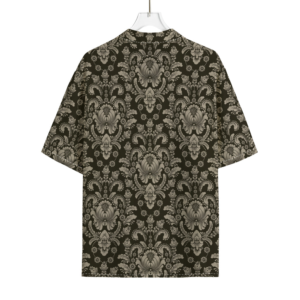Brown Damask Pattern Print Rayon Hawaiian Shirt