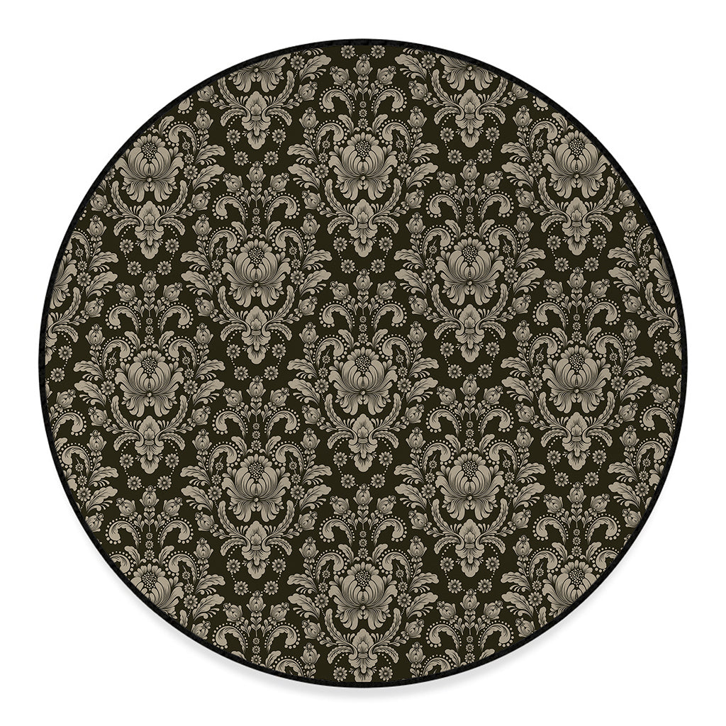 Brown Damask Pattern Print Round Floor Mat