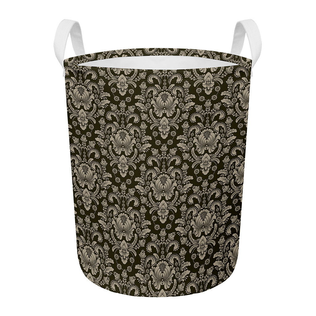 Brown Damask Pattern Print Round Laundry Basket